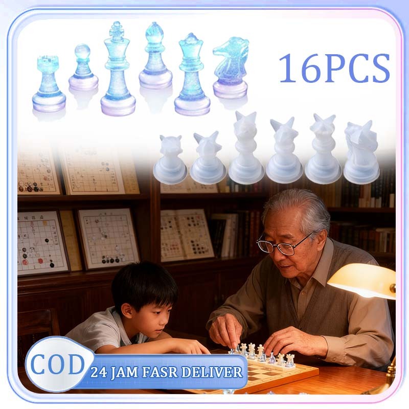 16pcs Cetakan Silikon Resin Epoxy DIYCatur 3D Papan Catur Dan Pion Catur Bentuk Chess Catur