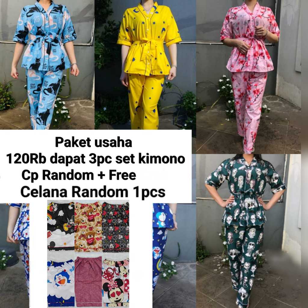PAKET USAHA 3pcs Kimono Tidur PP, Kimono CP & Set CP Wanita Dapet 1pcs Celana Tidur Random
