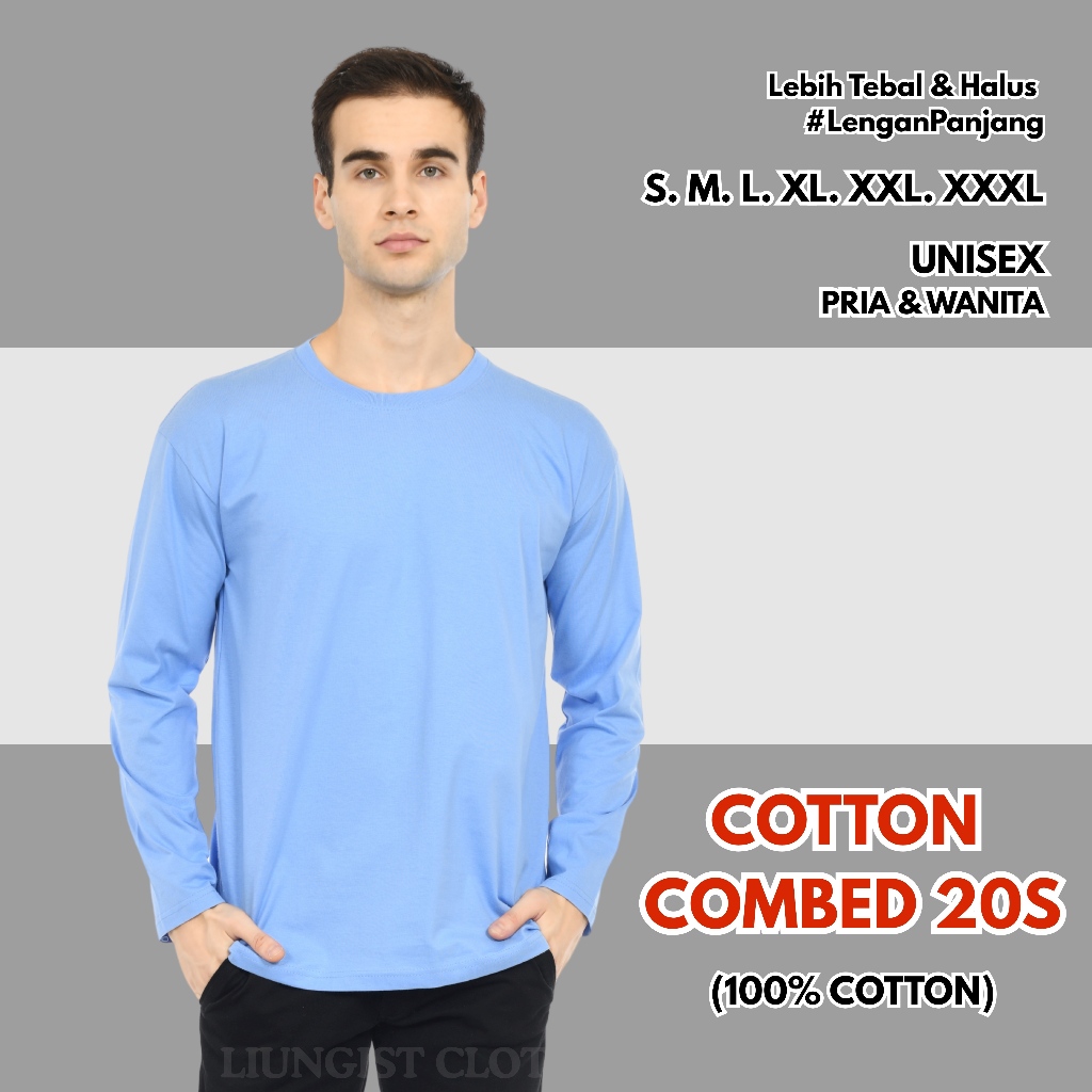 Kaos polos panjang combed 20s - BIRU TELOR ASIN (100% cotton) / Baju tshirt polos / baju panjang