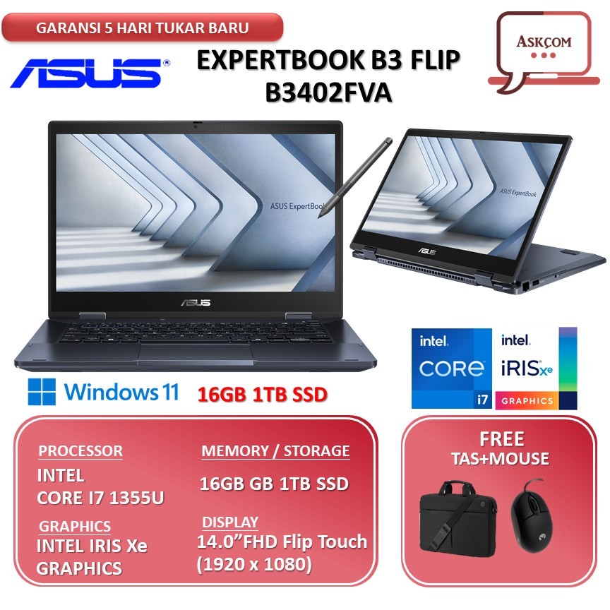 ASUS EXPERTBOOK B3 FLIP B3402FVA 2IN1 TOUCH i7 1355U 16GB 1TB SSD 14.0FHD Flip Touch Windows 11