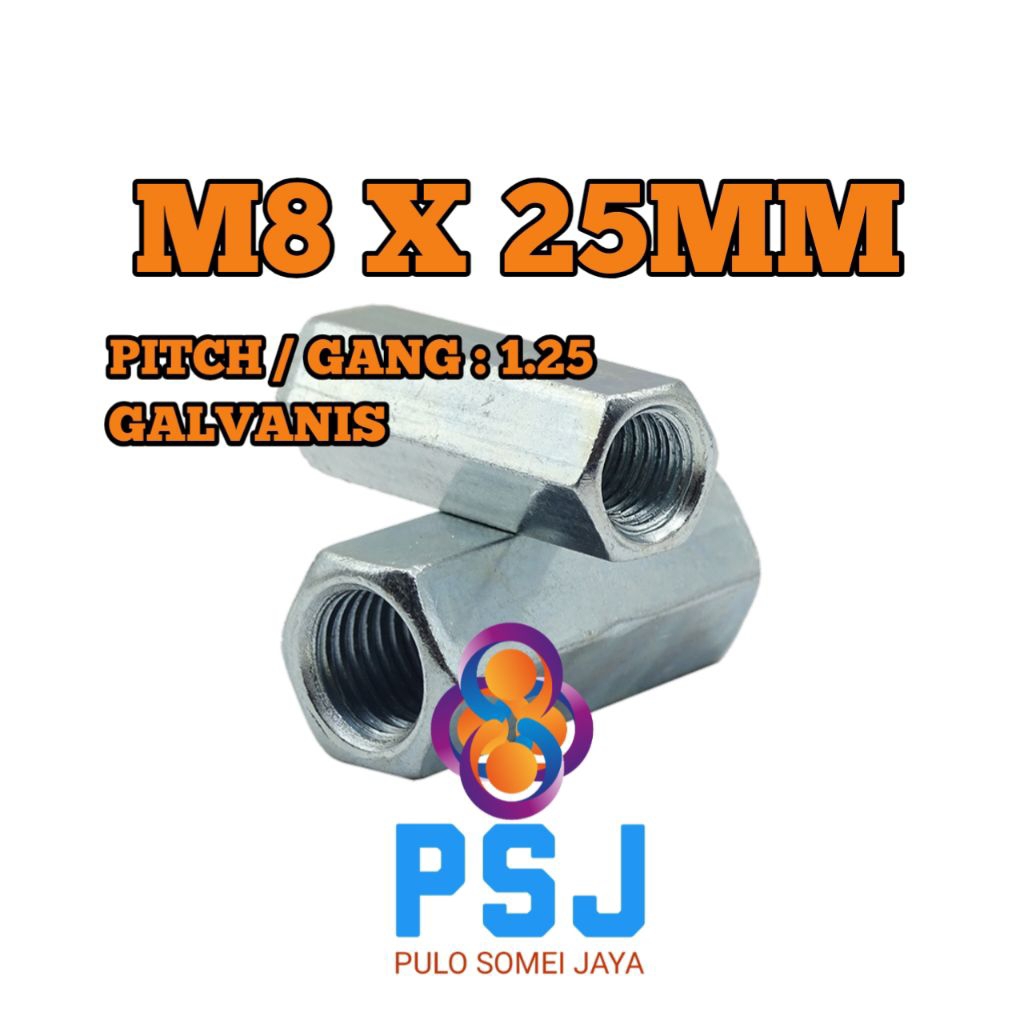 Long Nut M8 / Mur Panjang M8 x 25 MM / Galvanis Putih