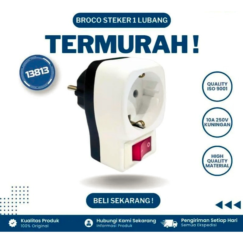 BROCO 1LB + 1S Broco Stop Kontak 1 Cabang dengan Arde + Saklar dan Lampu 13813