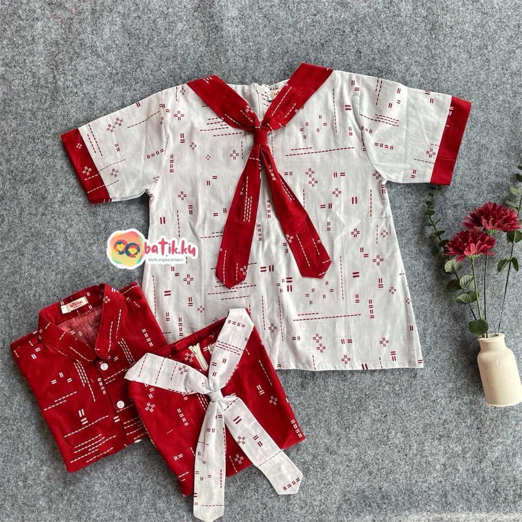 ATASAN COUPLE BATIK ANAK PEREMPUAN DAN LAKI LAKI MODEL DASI MERAH PUTIH KEMEJA KOKO SANGHAI MERAH PU