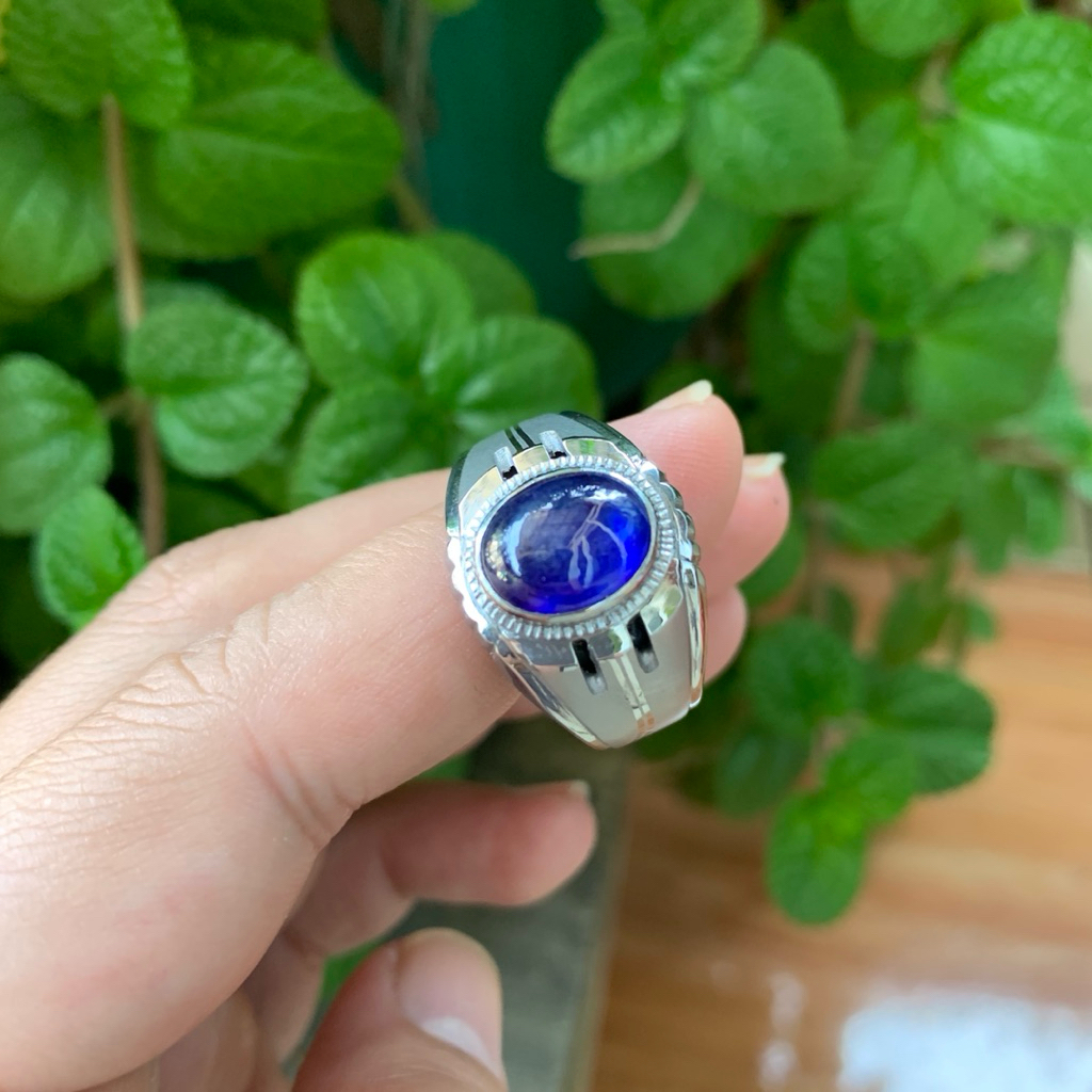 Cincin Batu Natural Royal Blue Sapphire Memo Safir Biru Cabochon Ring Monel Doff Handmade Size 12