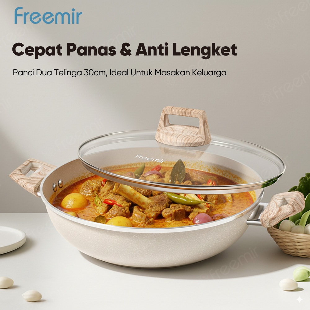 [OFFICIAL] freemir Wajan Panci Jumbo 30 CM Double Bottom dan Tutup Kaca Anti Lengket Granit