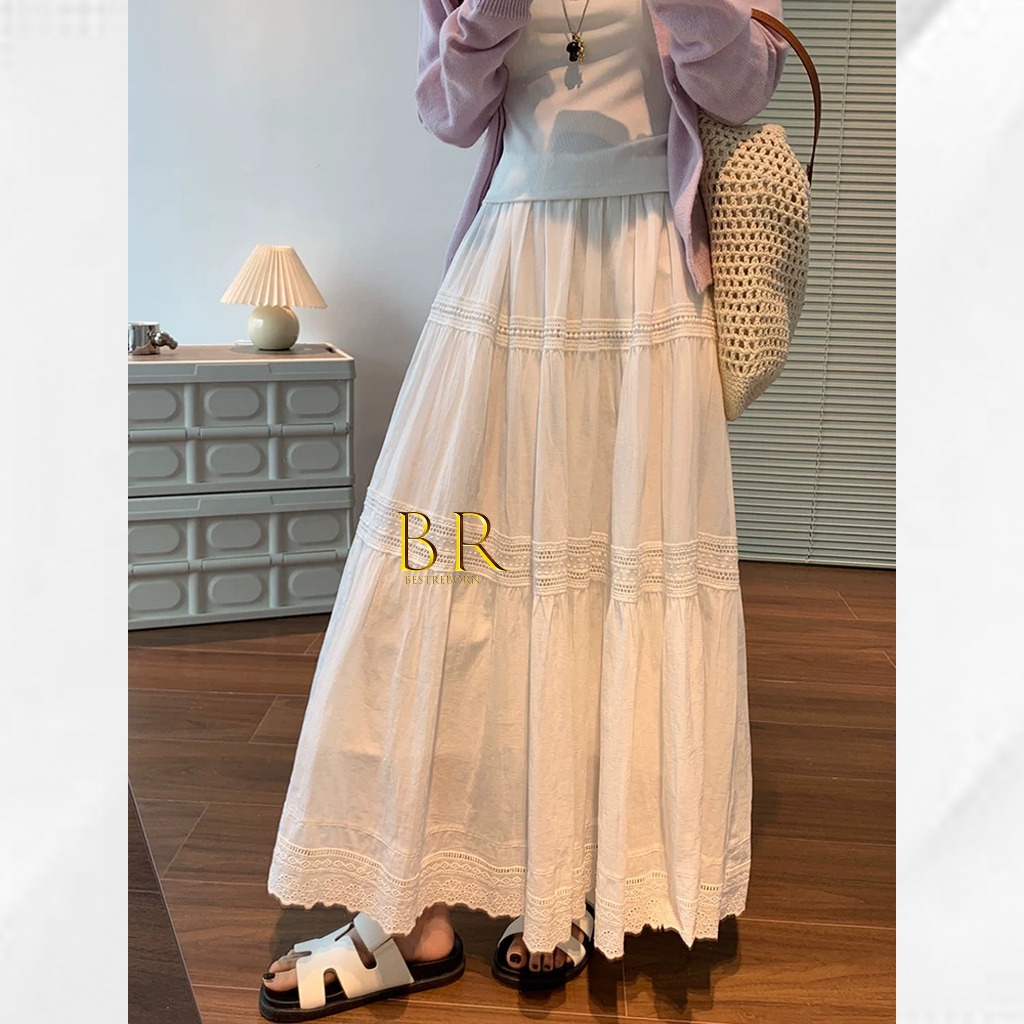 COD Gaun Panjang Wanita / Rok Panjang Putih / Gaun Wanita Kekinian / Gaun Premium Motif Bordir