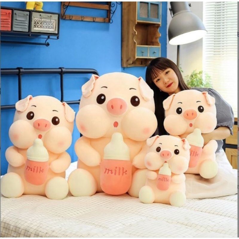 Boneka Pig Bottle Milk Terbaru Viral Boneka Babi Pegang Botol Susu XL
