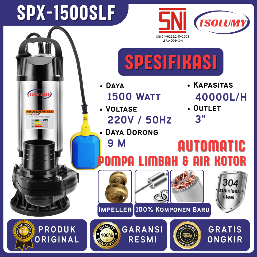 Tsolumy Pompa Celup Air SPX-1500 SL SPX-1500SLF Pompa Celup Kolam Tambak Ikan Udang Pompa Kapal 80mm