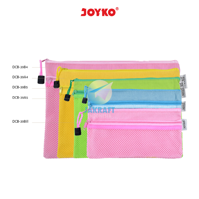 (1 Pcs) Document Bag Jaring Zipper JOYKO DCB-39 Bill / A5 / B5 / A4 / B4 Dompet PVC Warna Pastel Sem