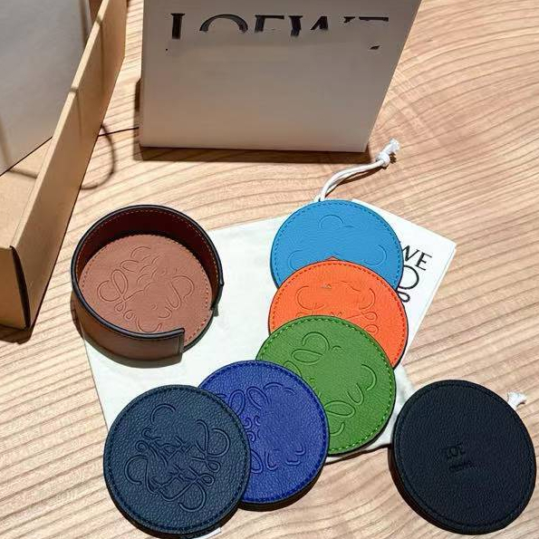 6pcs Luxury Coaster LOEWE anagram imported leather coasters, set of 6 with storage leather trays, Co