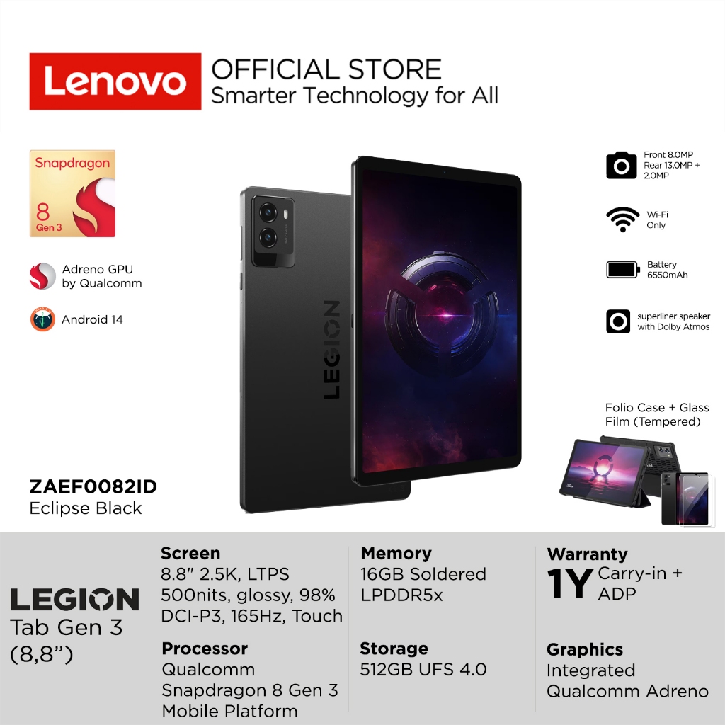 Lenovo Legion Tab Gen 3 82ID 88ID Snapdragon 8 Gen 3, Integrated Qualcomm Adreno GPU, RAM 16GB, Stor