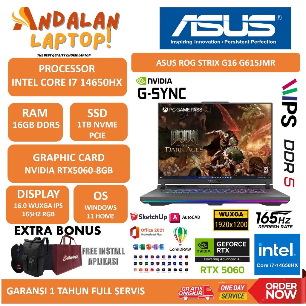 ASUS ROG STRIX G16 G615JMR  Core i7-14650HX  RTX 5060 8GB  RAM 16GB  SSD 1TB  165Hz WIN 11HOME ORI