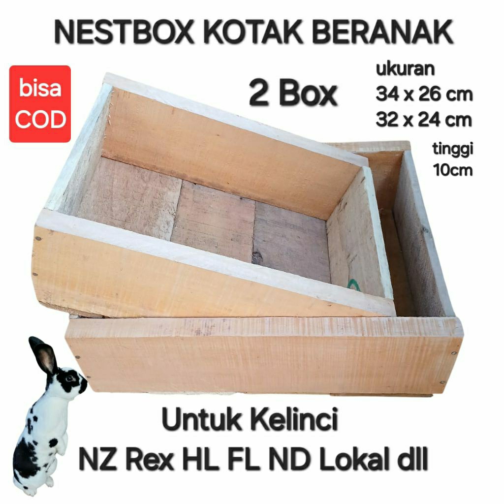 2 NESTBOX kotak beranak lahiran kelinci kayu mahoni ukuran 35 x 27 cm pas buat Rex NZ
