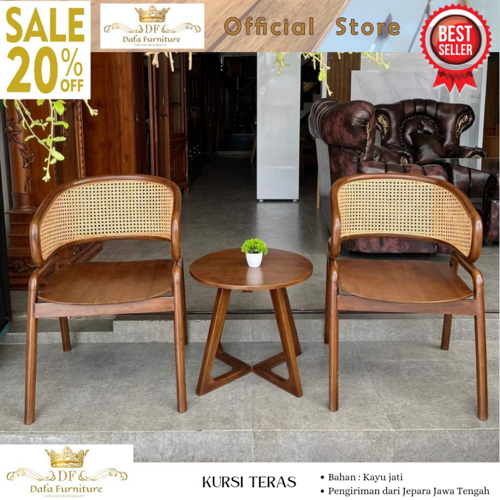 Set Kursi Teras Santai Depan Rumah Kayu Jati Kombinasi Rotan