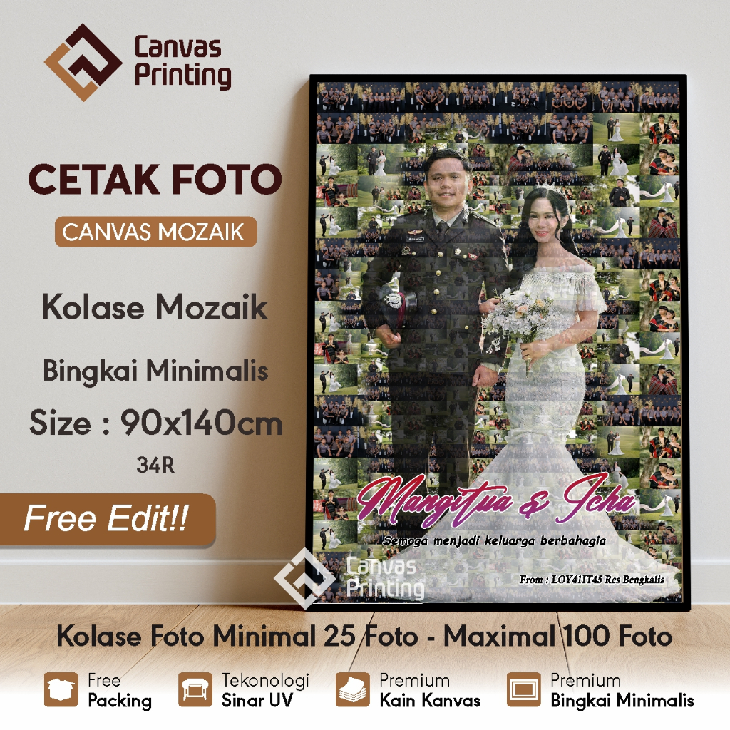 Kolase foto mozaik canvas  34R 140x90cm bingkai minimalis Sudah termasuk design | Kado mozaik foto