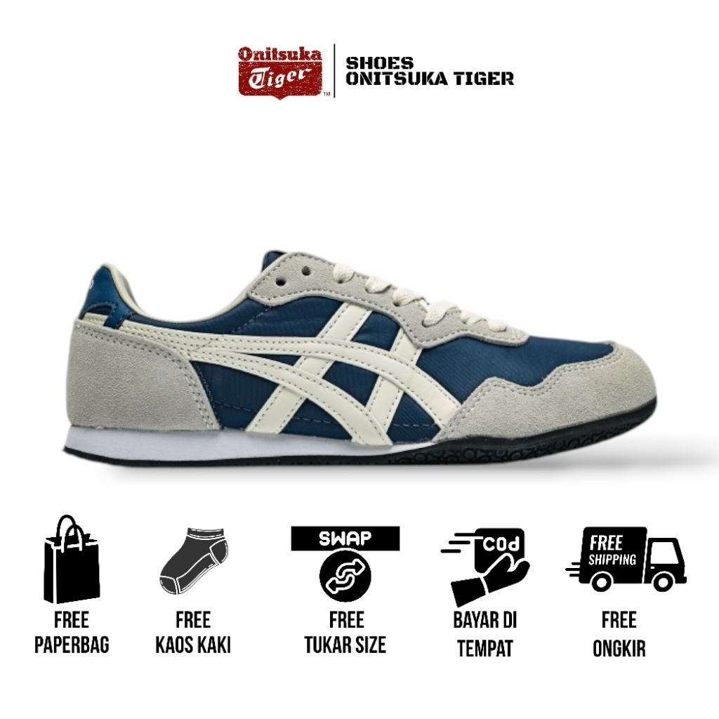 Onitsuka Tiger serrano shoes mako blue white free paperbag & kaos kaki