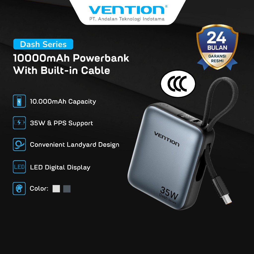 [Tersertifikasi CCC] Vention Powerbank Dash Series 10000mAh 35W LED Display Built in Cable USB C/Lig