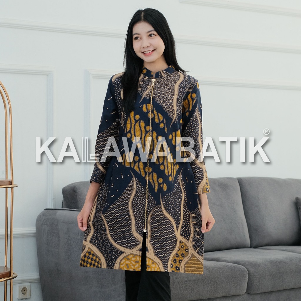 KALAWABATIK-Tunik Wanita-Motif Rumeksa Warna Biru kombinasi Kuning