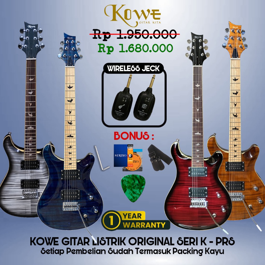 Kowe Gitar Elektrik Original K-PRS Paket Hemat Jeck Wireless
