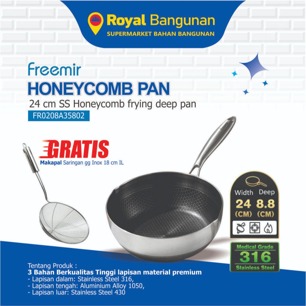 Freemir Honeycomb Frying Deep Pan 24cm Stainless Steel 316 Anti Lengket + Gratis Saringan gg Inox 18
