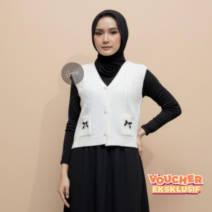 Haseena Vest Knit Shania Rompi Saku Pita Outer V Neck Rajut Halus Wanita