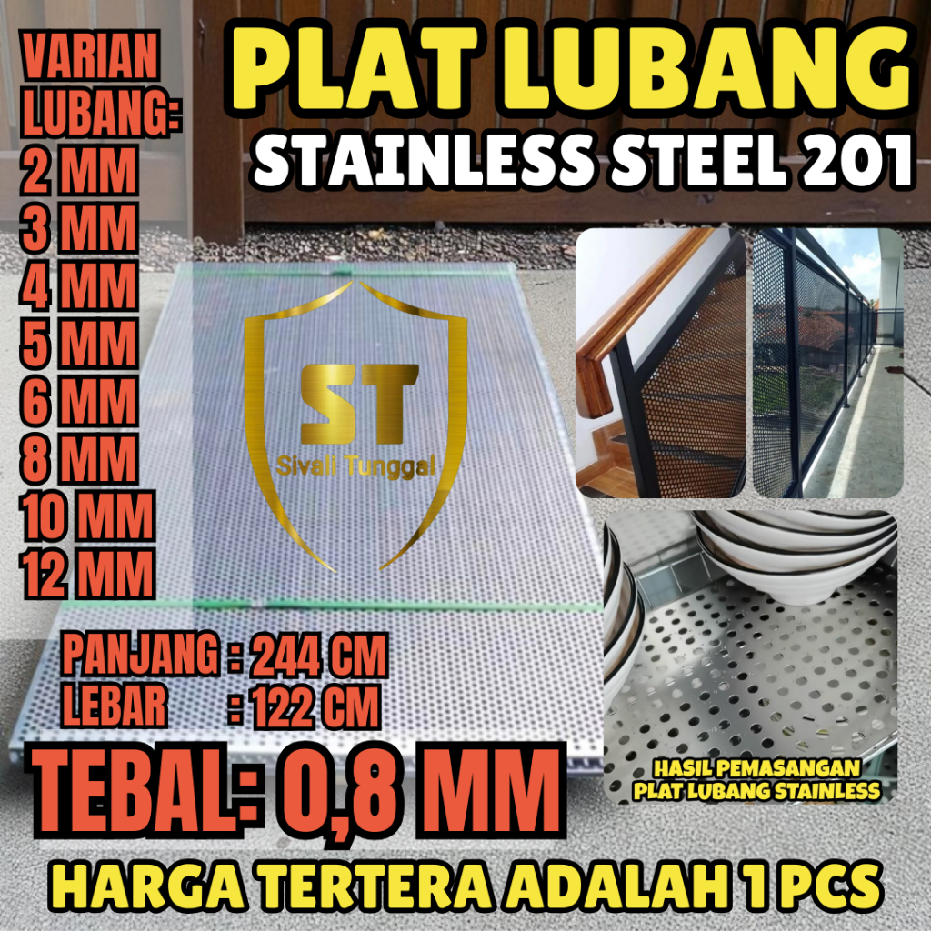 PLAT LUBANG 201 - 122CMX244CM - (0.8 MM) TEBAL PLAT -  STAINLESS STEEL 201 - PLAT PERFORATED