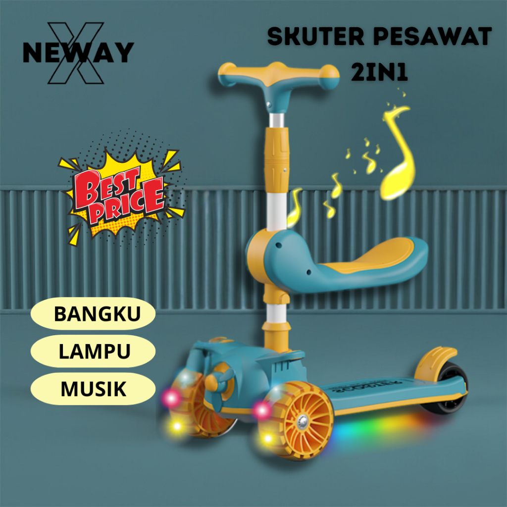 NewayX Skuter Mainan Anak Pesawat 2 in 1 Scooter Lipat 2in1 Duduk Roda Tiga Lampu Musik Rem Footstep