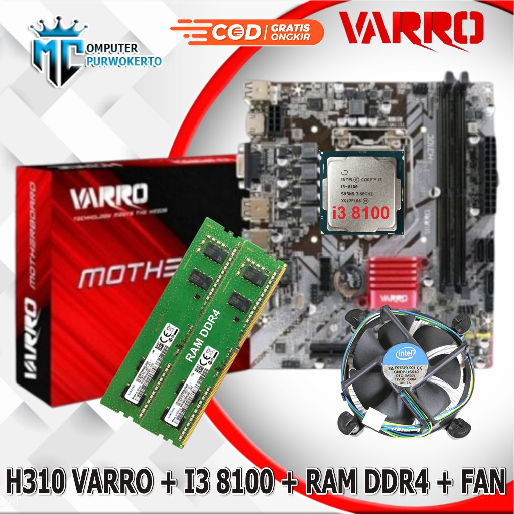 Paket Mainboard Motherboard Mobo H310 New LGA 1151 dengan Processor Intel Core i3 8100 Gen 8 dan RAM