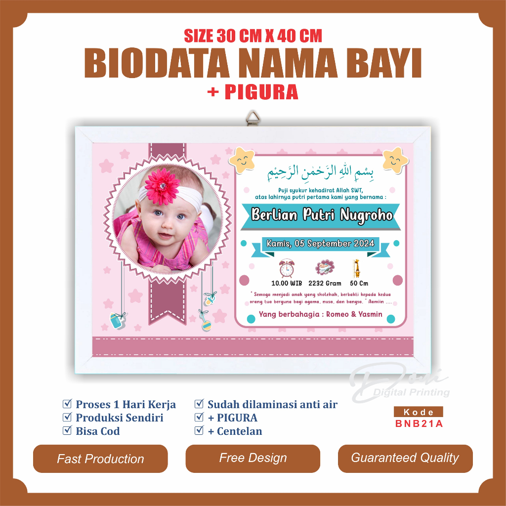 Biodata Kelahiran Bayi + Pigura Ukuran Jumbo 12 R 30 cm x 40 cm BNB21
