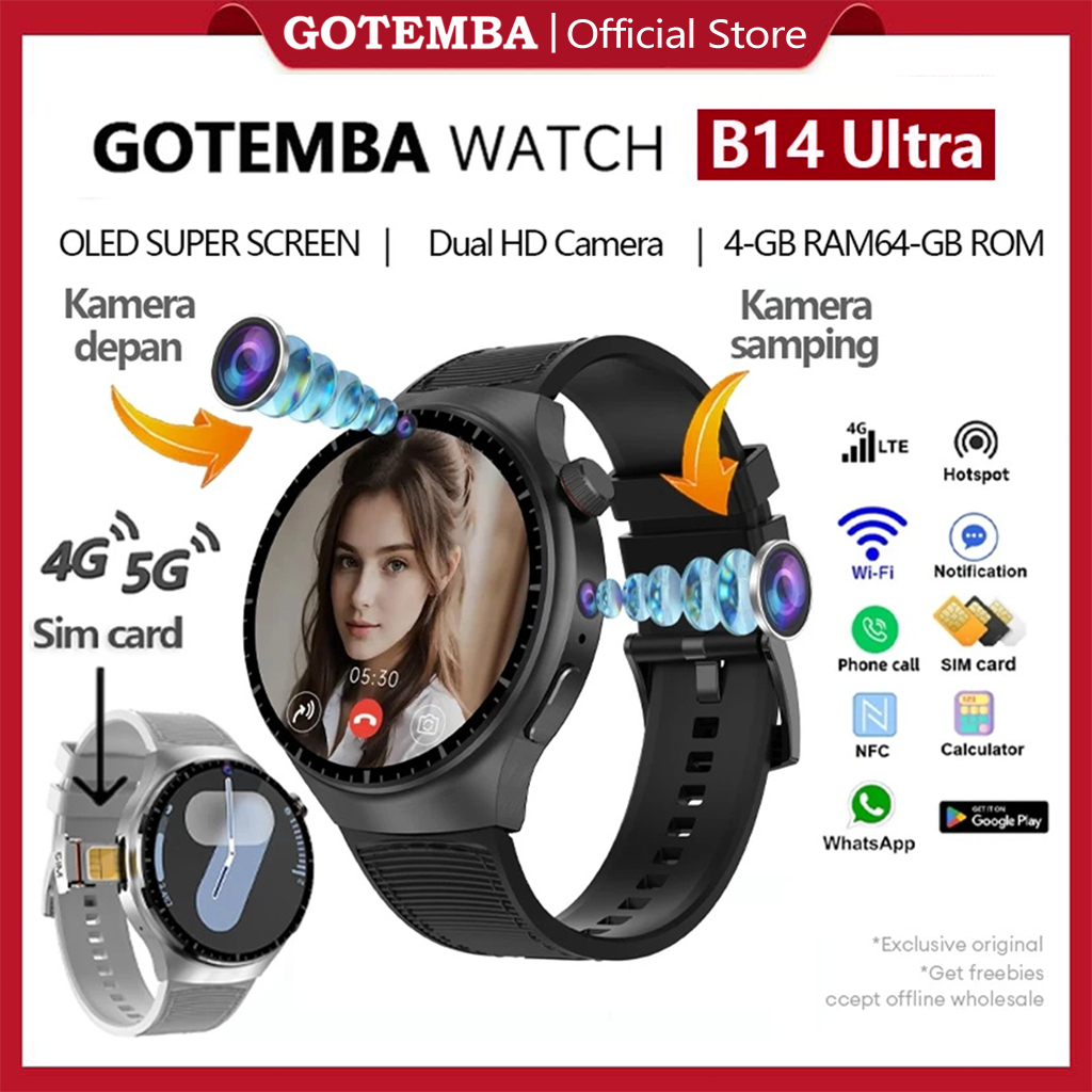 【Kamera ganda】GOTEMBA Smartwatch B14 ULTRA 4G/5G Screen WIFI Full Network Phone Call Water proof SIM