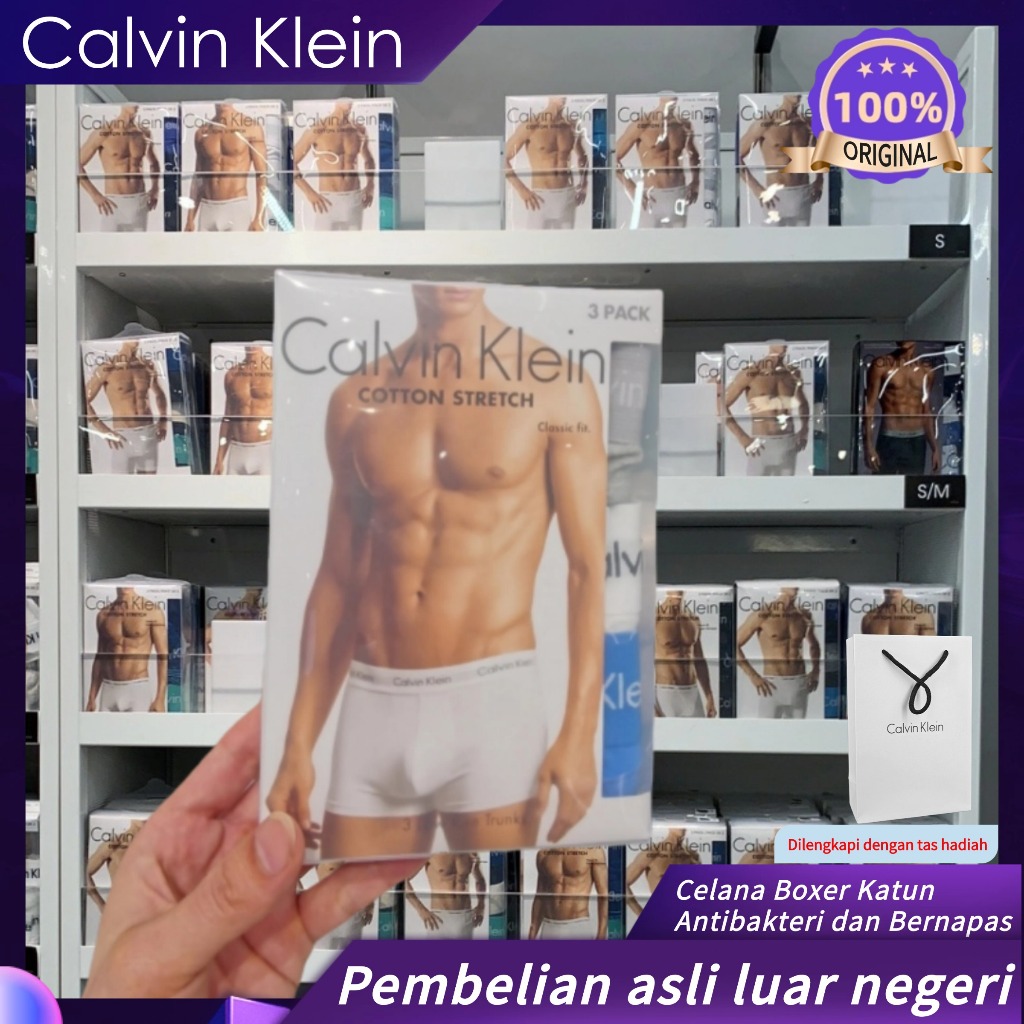 Boxer Calvin Klein Original Import - Pack 3 Celana Dalam Pria Cotton Mid Rise Nyaman dan antibakteri