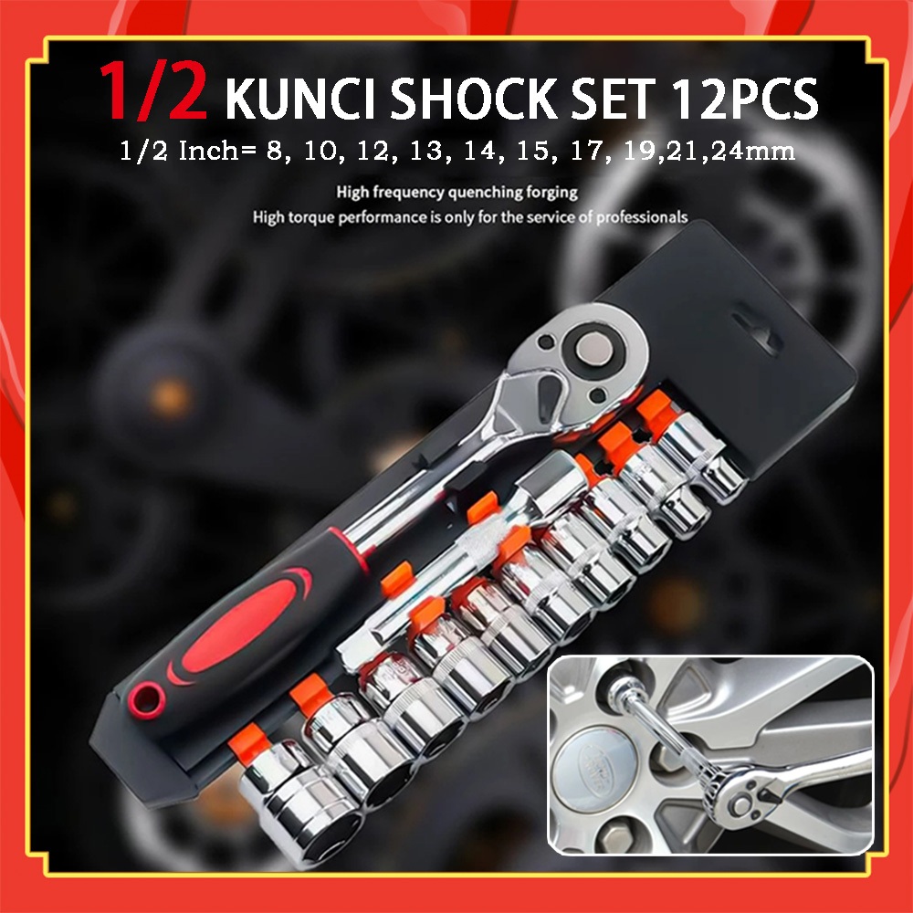 Kunci Set Socket 1/2inci / 12Pcs Kunci Socket Motor Lengkap / Multifungsi Kunci 1 Set / Bahan Chrome
