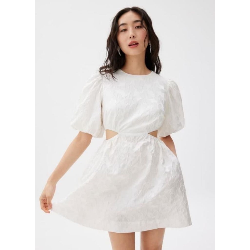 Love Bonito jacquard puff sleeve fit & flare cut out mini dress