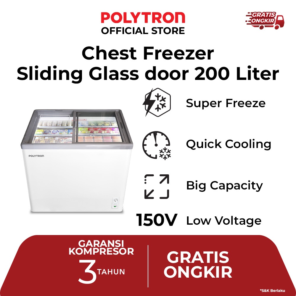 POLYTRON Chest Freezer Sliding Glass 200 Liter - PCF 229