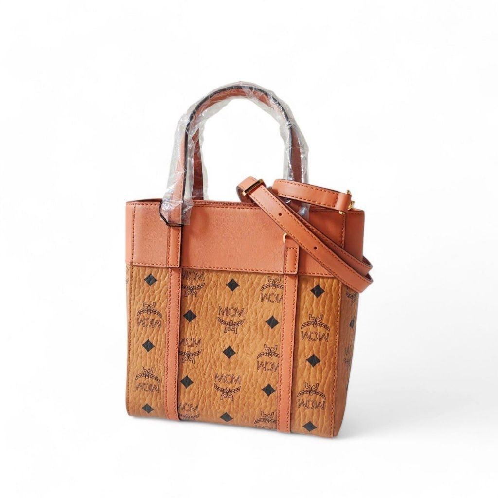 MCM Mini Aren Top Zip Tote Crossbody Bag Cognac