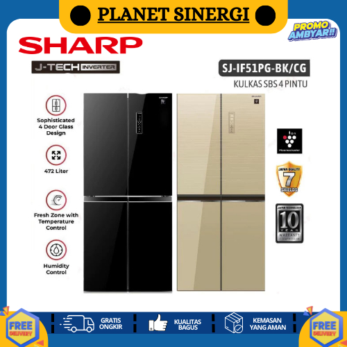 KULKAS SIDE BY SIDE Sharp SJ IF51PG Bk Inverter Plasmacluster 4 Pintu Glass Door GARANSI RESMI