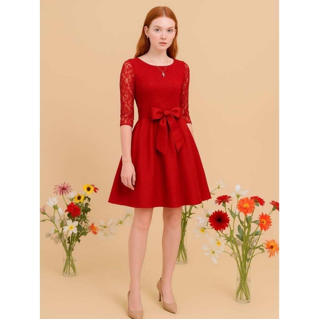 Dress Brokat Natal Warna Merah Gaun Velvet Pesta Simple Elegan Terbaru Baju Kondangan Remaja Rx