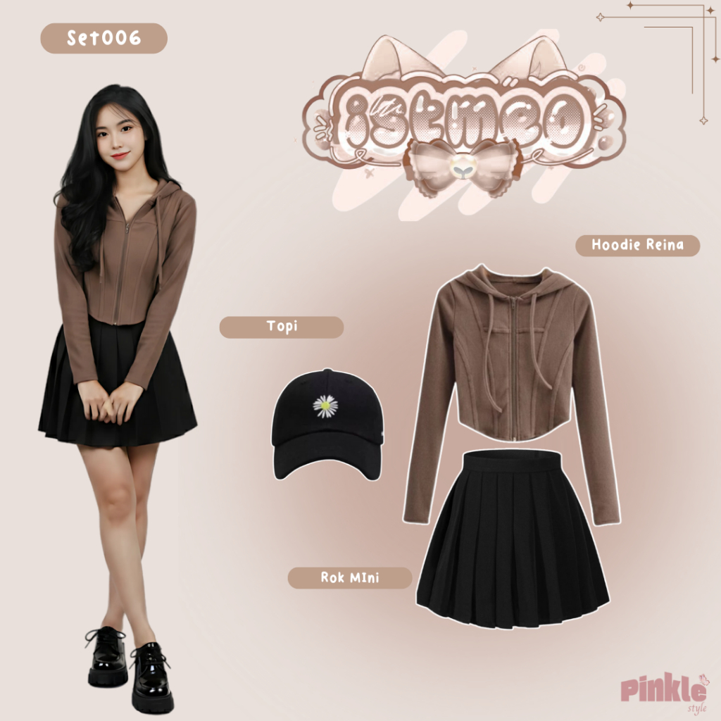 SET006 One Set { Hoodie Reina + Rok Mini + Topi } Set Wanita Kekinian Korean.