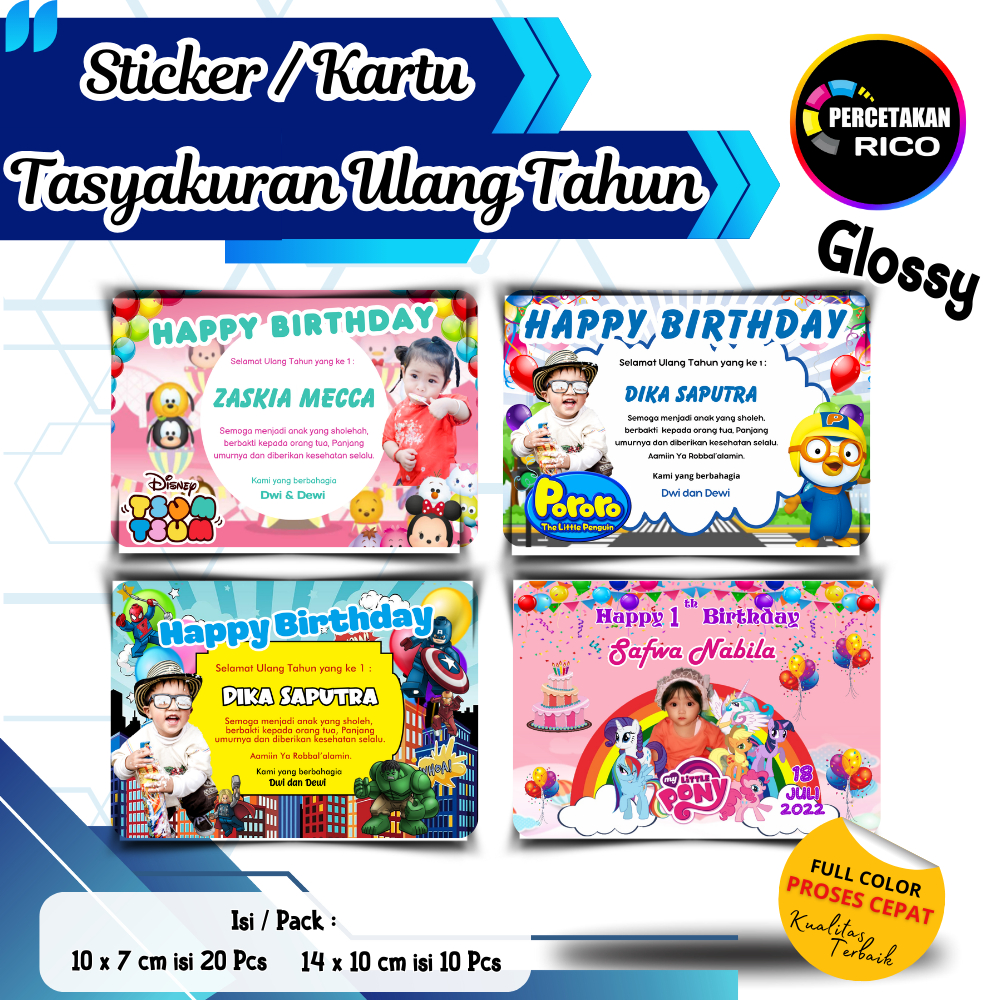 ( isi 20pcs, isi 10pcs) Kartu/Stiker Ulang Tahun Anak Label Kotak Nasi Bento