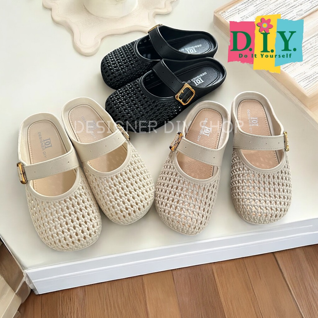 [D.I.Y] Sandal Flat Jelly Sendal Wanita Elegan  Korea Premium Slip On Model Rajut Sandal Selop Model