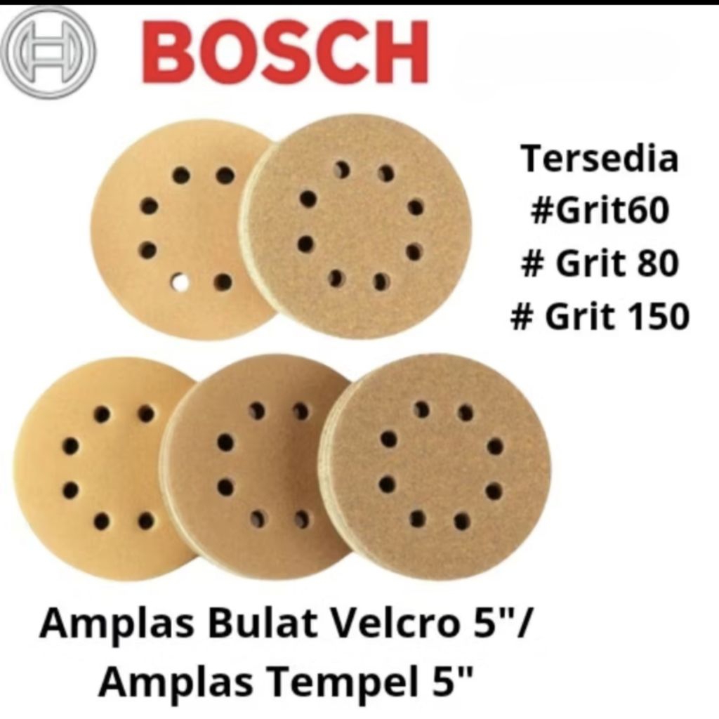 ALUMAGADA AMPLAS BULAT VELCRO 5" GRIT 60,80,150 BOSCH ORIGINAL/AMPLAS TEMPEL 5 INCH BOSCH ORIGINAL
