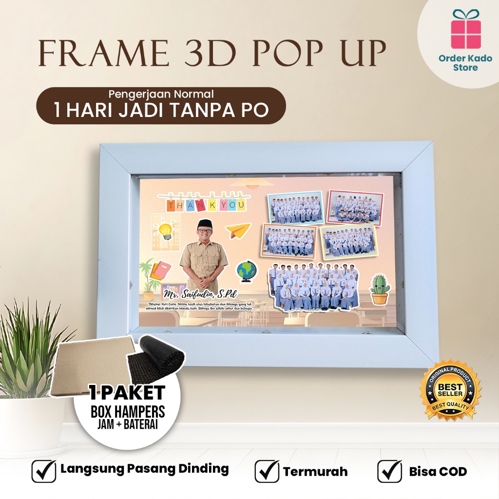 Kado Hadiah Untuk Kenang Kenangan Teacher's Day Hari Guru Perempuan Laki-Laki Frame 3D Custom Murah 