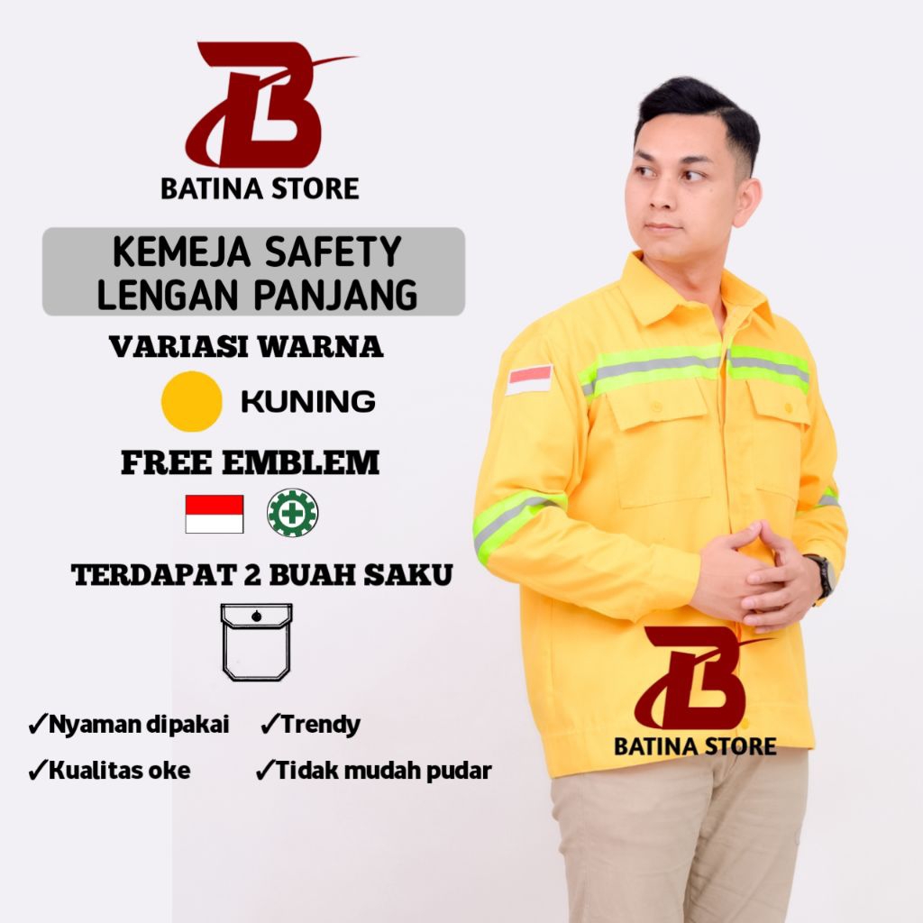 Baju safety lengan panjang warna kuning atasan kerja lapangan proyek bahan drill PE
