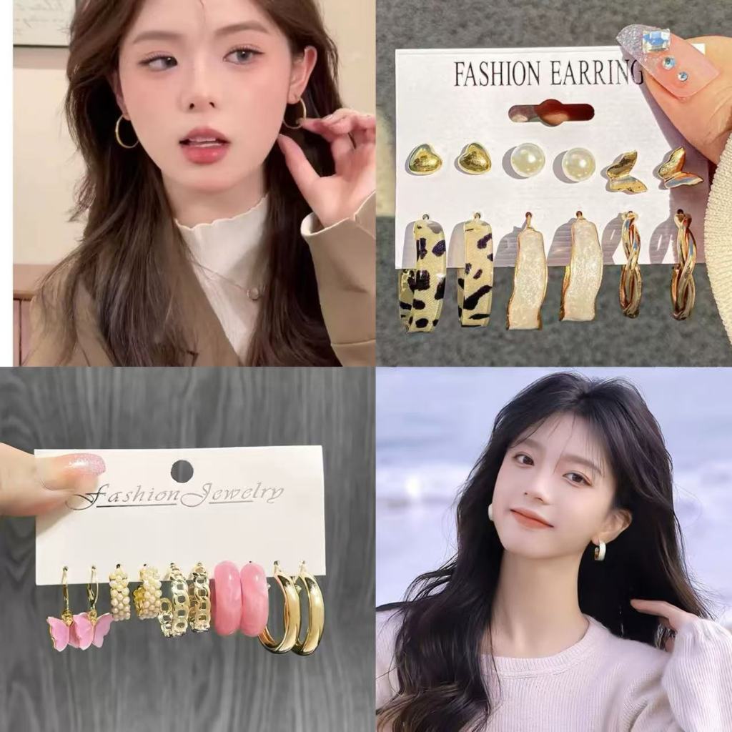 AKS-23&AKS-24 12PCS SET Earrings Fashion Anting Tusuk Korea Wanita Model Bunga Camellia Mawar Putih 