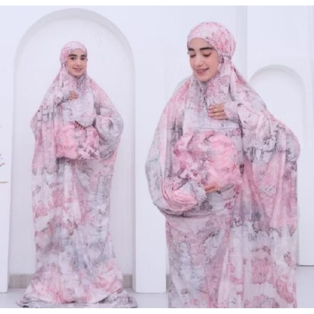 Mukena terusan rayon dewasa jumbo bahan dingin saat dipakai mukena muslim bali lajuran traveling