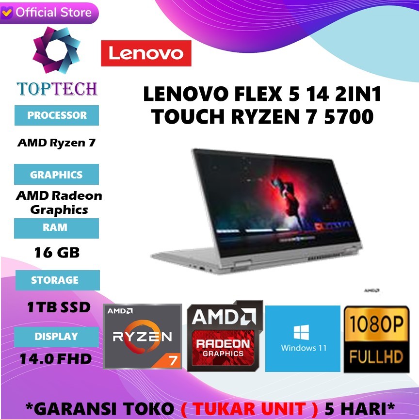 LENOVO FLEX 5 14 2IN1 TOUCH RYZEN 7 5700 RAM 16GB SSD 1TB WINDOWS11 14.0 FHD IPS