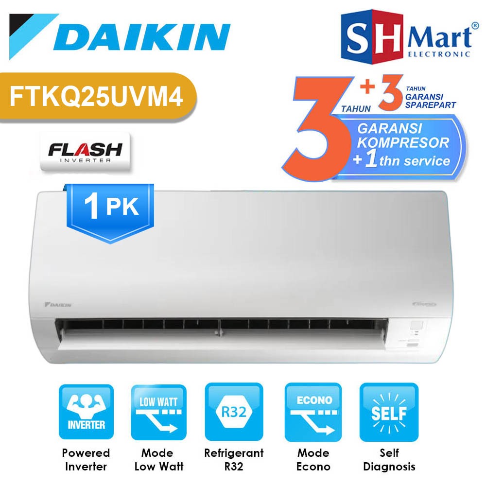 Ac Daikin 1 Pk Flash Inverter FTKQ-25UVM4 / FTKQ25UVM4 Made In Thailand Garansi Resmi (MEDAN)