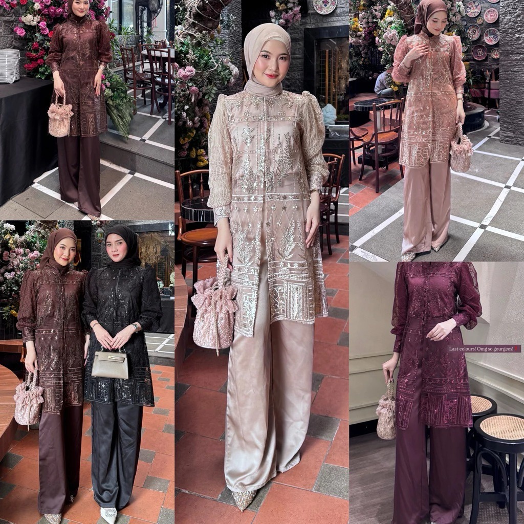 RANIA ONE SET SILK BRUKAT BAJU SETELAN WANITA KONDANGAN TERBARU ONE SET CELANA BRUKAT TERBARU
