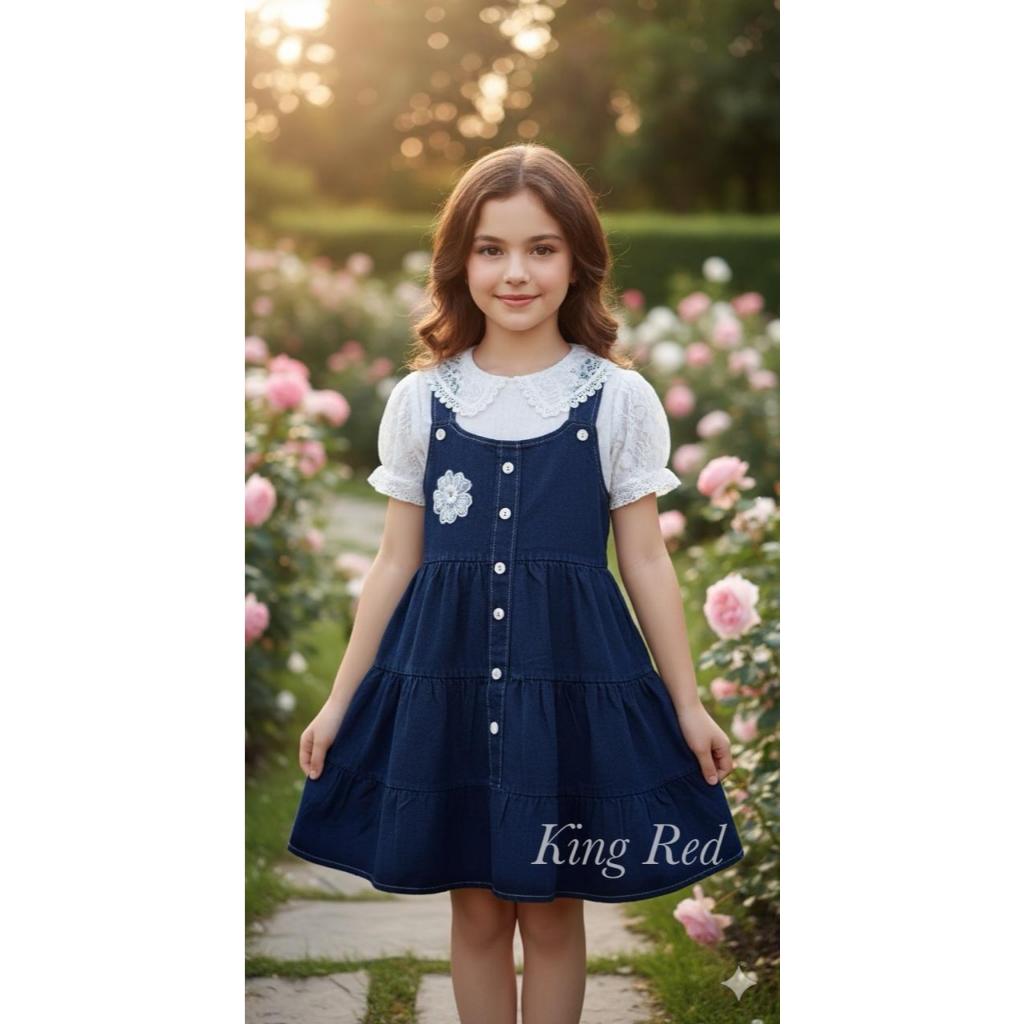 NAURA DRESS JEANS LENGAN BROKAT ANAK PEREMPUAN USIA 3 - 8 TAHUN / DRESS VIRAL ANAK LENGAN PENDEK - M