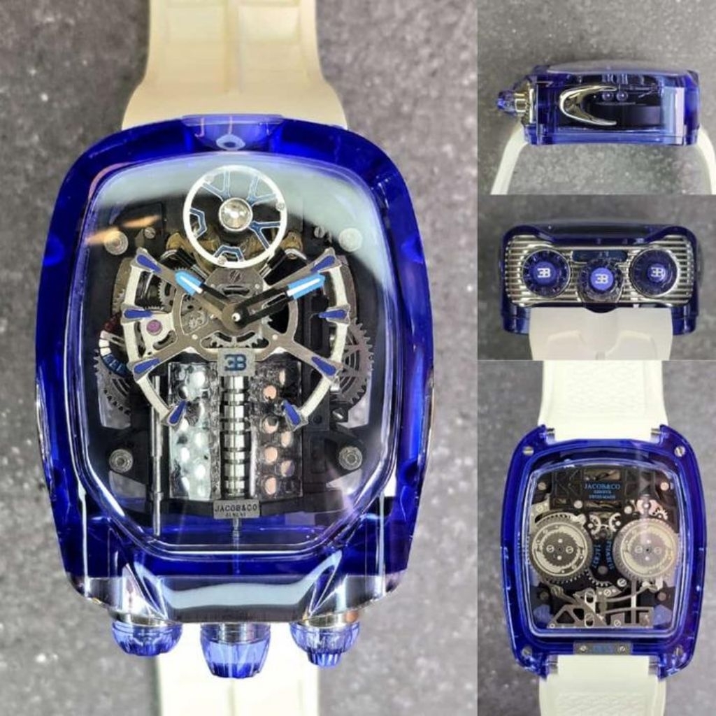 Jam tangan Pria Automatic Swiss JACOB & CO Bugatti Chiron Sapphire Rubber - White blue/Jam tangan St